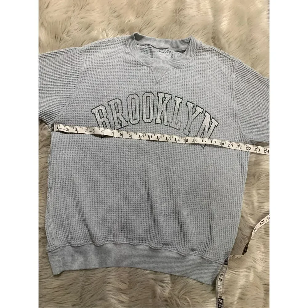 AERIE Brooklyn Graphic Gray Waffle Knit Oversized Crewneck Sweater Small